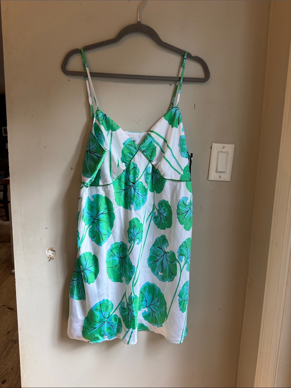 Diane Von Furstenberg White Slip Dress with Green Leaf Print